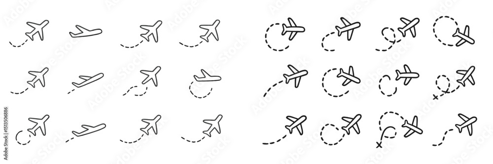 Poster a collection of illustrated airplane icons displaying various flight patterns and maneuvers in a min