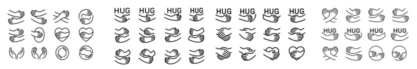 Collection of hand-drawn illustrations depicting hugs and love symbols arranged in a grid format for creative designs