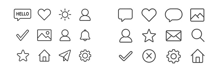 Collection of simple line icons featuring communication symbols and everyday objects on a clean background