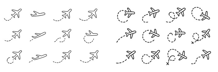 A collection of illustrated airplane icons displaying various flight patterns and maneuvers in a minimalist design