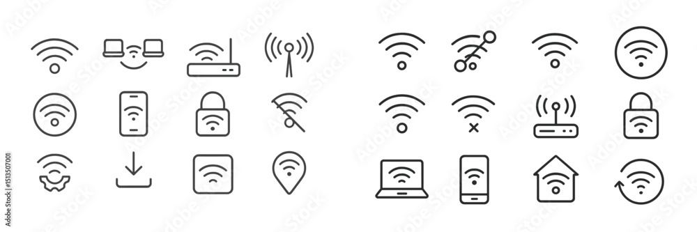 Poster collection of wireless connectivity icons representing various network features and statuses for tec