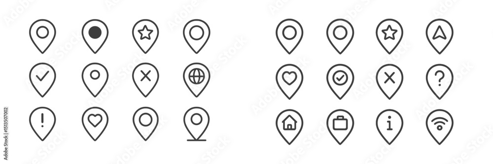 Poster collection of various location markers in a simple line art style over a clean background