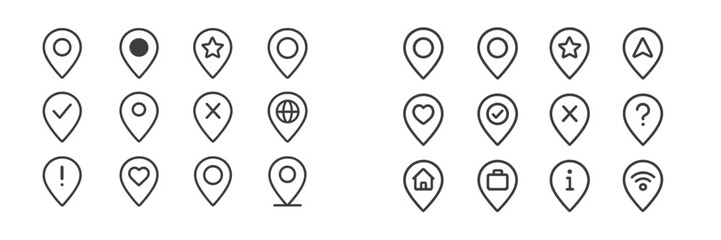 Collection of various location markers in a simple line art style over a clean background