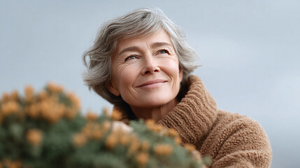 Serene portrait of a mature woman with gray hair, gazing upwards with a soft smile. Suggests wisdom, experience, optimism, and inner peace. Perfect for health, wellness, or lifestyle content.