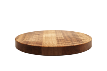 Circular wooden cutting board with a rich brown tone and visible wood grain, a sturdy kitchen tool for chopping and serving, isolated on transparent background