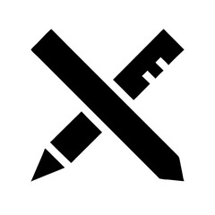 Black vector of a pencil and ruler crossed in X shape, silhouette style, white background
