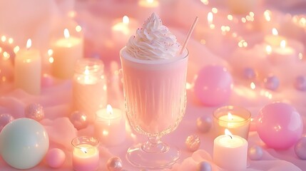 A whimsical milkshake with whipped cream surrounded by candles fairy lights and pastel decor