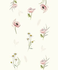 Beige Pink Illustrated Flowers and Leaves Phone Wallpaper  