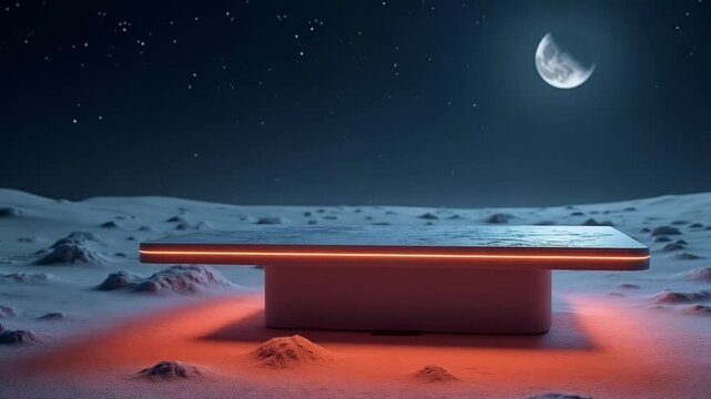 Christmas night landscape with Santa Claus on the roof and his sledge against a bright moonlit, star-filled sky over a dark, reflective ocean