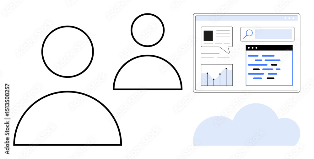 Poster two user icons connected to an online interface with graphs, documents, and search bar. ideal for te