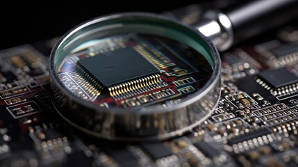 Magnifying Glass Examining Microchip on Circuit Board - Close Up