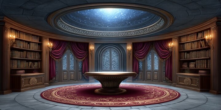 A gothic library where ancient rooms are reserved by writing on glowing scrolls