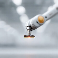 Precision automation at work. A robotic arm delicately holds a microchip, symbolizing advanced technology, manufacturing,  engineering solutions. Ideal for tech, industry.