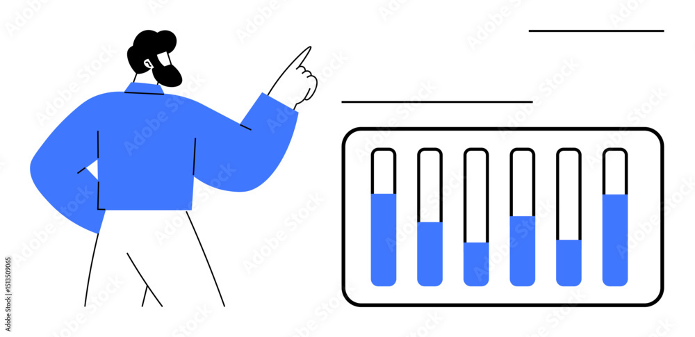 Poster person pointing at data bars in vertical chart visualization, indicating focused analysis and insigh