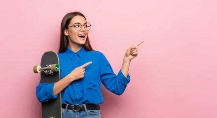 Enthusiastic Woman in a Blue Shirt and Glasses Pointing Excitedly While Holding a Skateboard Against a Vibrant Pink Background