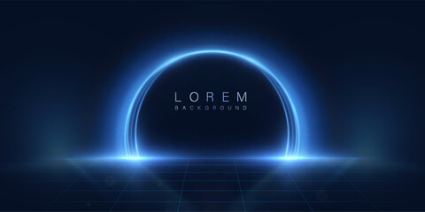Abstract bright background with neon blue glowing circle and light effects on dark scene.