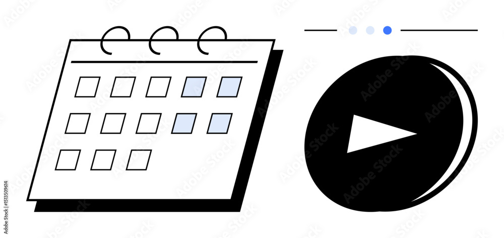 Poster calendar with highlighted dates paired with a bold play button, representing event planning, schedul