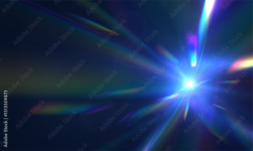 Aufkleber Abstract optical flare with iridescent spectrum and glowing rays on a dark backdrop.