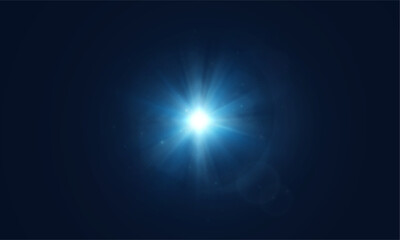 Abstract bright blue light burst with glowing rays on dark background. 