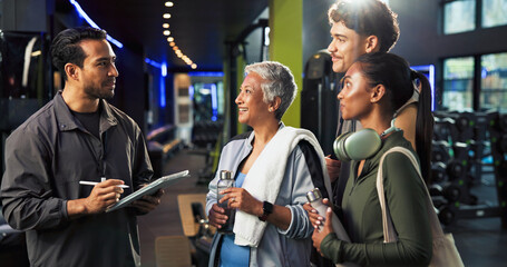 Man, group and sign up with tablet at gym for class, registration or smile with exercise tips....