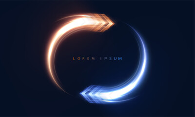 Circular motion element with glowing orange and blue light arrows forming a loop on dark background. Concept of data flow, process rotation, futuristic cycles, and digital transitions.

