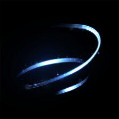 Curved glowing stripe in neon blue with shimmering particles and motion blur on dark background. Dynamic light trail element for sci-fi designs