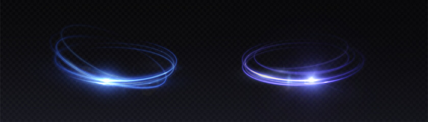 Blue and violet glowing light rings with spark particles on transparent background. Dynamic elliptical energy swirls with motion blur and luminescent edges.


