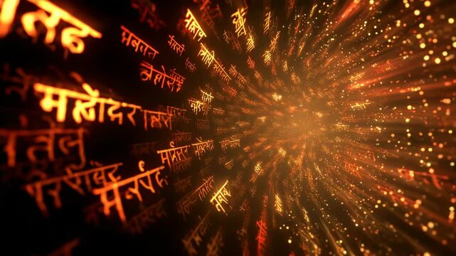 Sanskrit Mantras Floating Through Abstract Fire Vortex