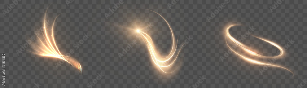 Poster Golden glowing light swirls with smooth curves and spark particles on transparent background. Ideal for energy effects, elegant transitions, or fantasy motion design in digital projects.

