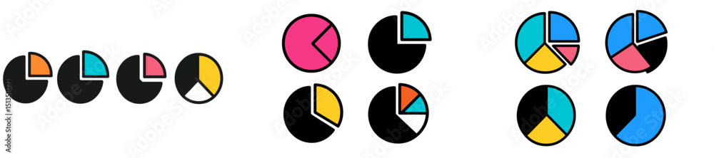 Aufkleber various colorful pie chart designs displaying data representation and analysis techniques in a profe