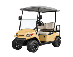 2 seater golf cart with beige color, black wheels and roof  front view on transparent background
