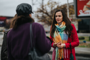 Fototapeta premium Two women dressed warmly share a moment together in the city, showcasing companionship and vibrant winter fashion on a rainy urban day.