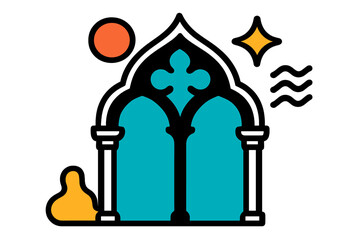 Beautiful architectural design featuring intricate shapes and vibrant colors with stylized sun and star in a serene layout