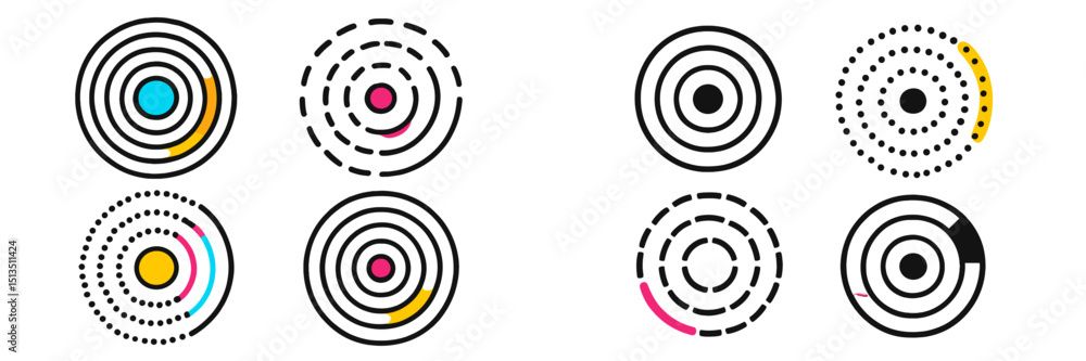 Poster various circular patterns with different colors and styles presented on a white background