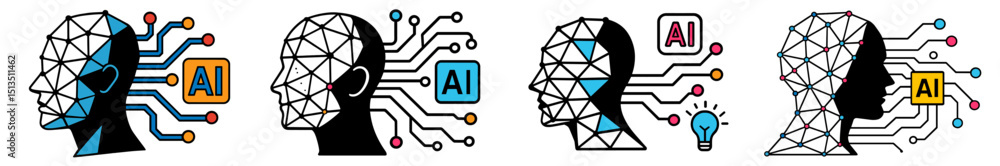 Aufkleber illustration showing the evolution of artificial intelligence concepts with human-like outlines and 