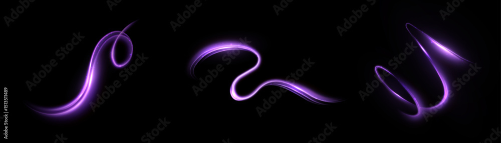 Poster curved glowing purple light swirls on a dark background with soft glow and shine. futuristic design 