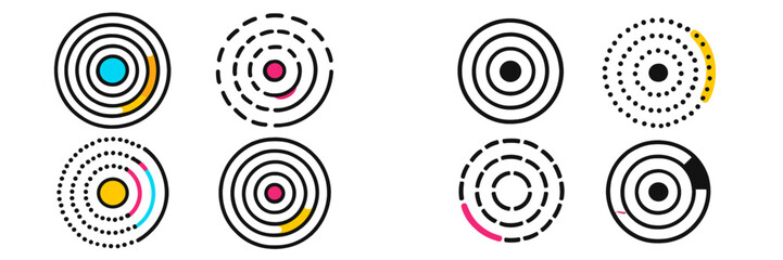 Various circular patterns with different colors and styles presented on a white background