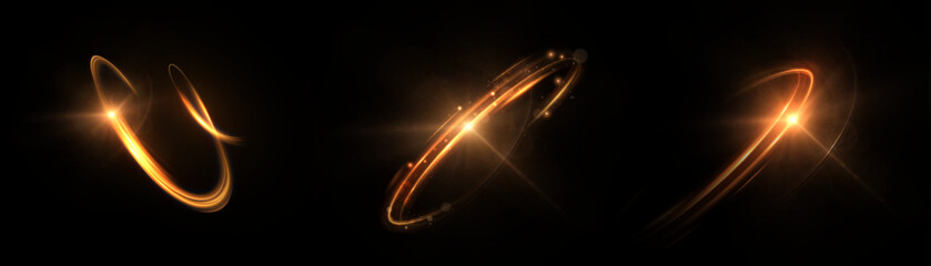 Set of swirling fiery light trails with glowing sparks on black background. Bright orange arcs ideal for motion effects, sci-fi energy loops, or magical transitions.

