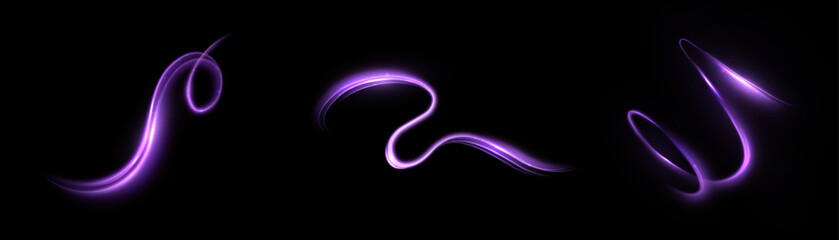 
Curved glowing purple light swirls on a dark background with soft glow and shine. Futuristic design elements for energy effects, speed concepts or dynamic interfaces.