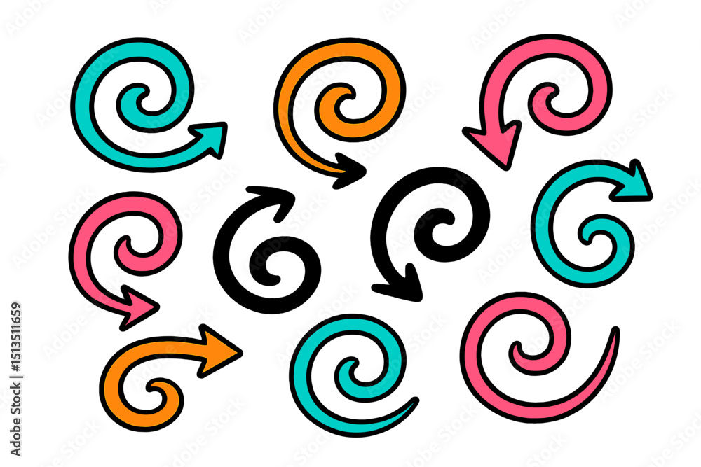 Poster colorful swirl and arrow patterns on a white background creating a dynamic design for creative proje