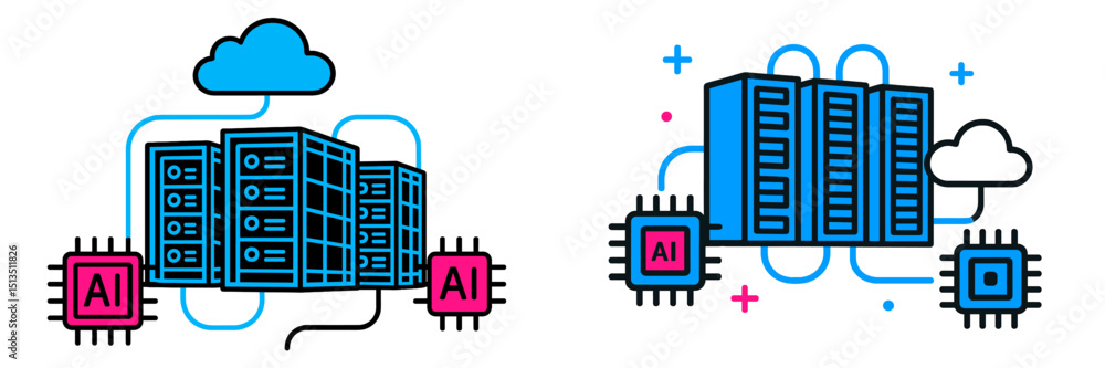 Poster illustration of artificial intelligence systems connected to cloud servers and data centers for opti
