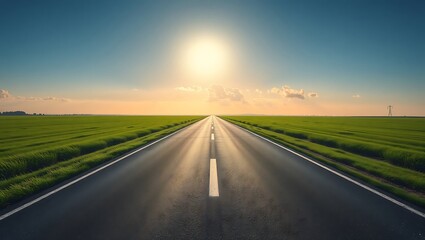 Fototapeta premium A long straight road stretching to the horizon with green fields and a bright sun in the sky above it