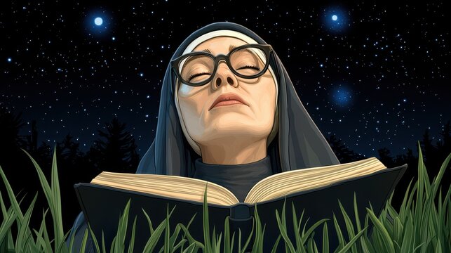 Serene Nun Reading in Pixel Art Style Under Starry Night