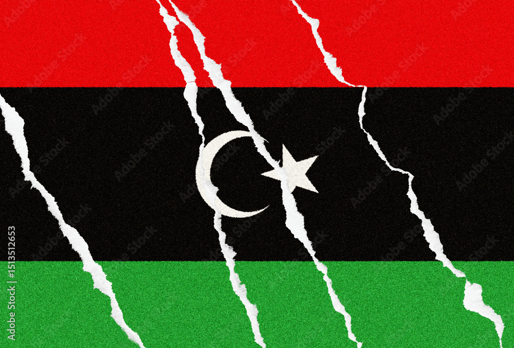 Poster libya distressed libyan flag with torn paper effect, symbolizing conflict or change, evoking a sense