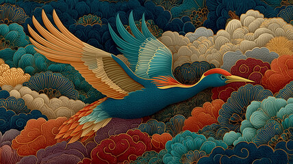 色とりどりの雲と共に空を舞う幻想の鳥が和の世界観を演出する雅なイラスト素材｜和モダンデザインや装飾にも最適