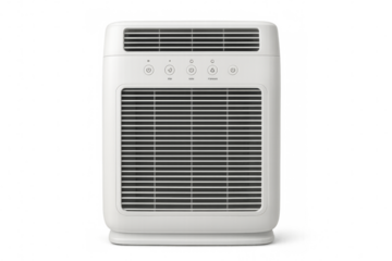 White air purifier with transparent background displaying its modern design and advanced features
