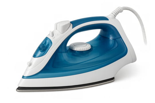 Modern steam iron resting on transparent background