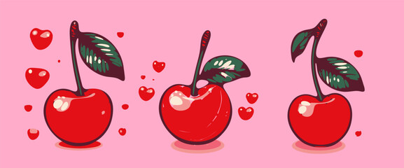 Three glossy cherries with heart accents, in a cute cartoon style on a pink background. The illustration uses the trendy, bold, and shiny pop style.