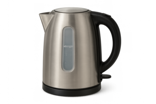Modern electric kettle with boiling water on transparent background