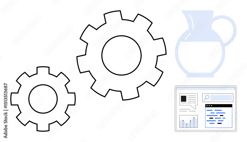 Poster two gears symbolizing process, a faint pitcher, and a digital analytics screen suggest efficiency, c